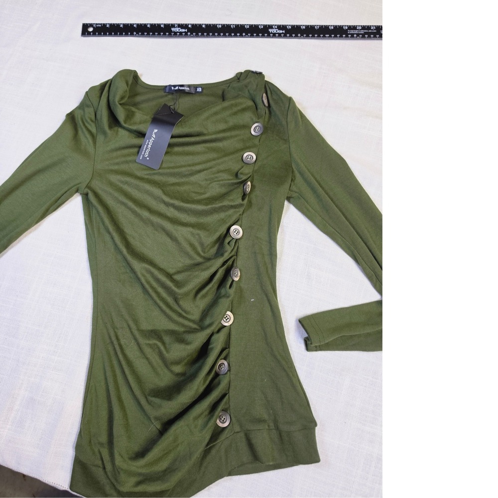 Apperloth Olive Green Asymmetrical Button Ruched Cowl Neck Long Sleeve Top XS